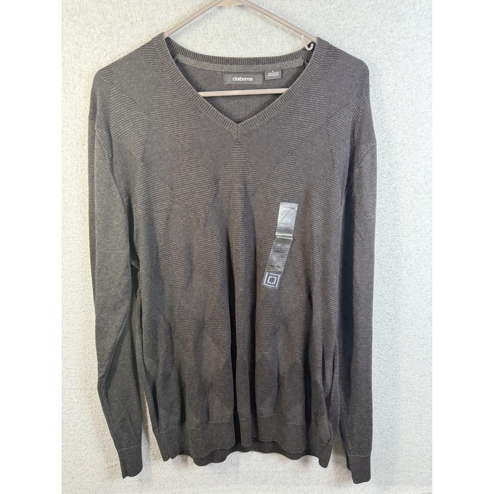 Claiborne Sweater Mens Large Gray Argyle V Neck Cotton Knit Pullover Lightweight